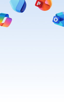 Abstract Microsoft 365 illustration with floating Microsoft Teams, PowerPoint, Outlook, and Microsoft 365 app icons positioned around a light blue background and open central space.
