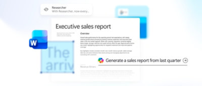 Microsoft Word interface displaying an executive sales report with a prompt to generate a sales report from the last quarter using AI assistance.