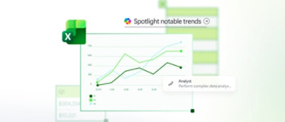 Microsoft Excel chart showing sales trends over time with an AI-generated insight prompt to highlight notable trends.