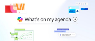 Microsoft 365 interface displaying the text “What’s on my agenda” alongside app icons, charts, and AI-generated insights.