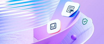 Abstract illustration featuring floating icons for analytics, documents, and security on layered purple and blue curved shapes.