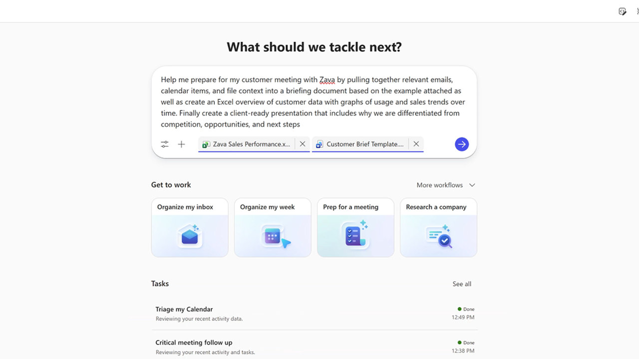 Copilot Cowork UI &mdash; What should we tackle next? 업무 위임 인터페이스 화면