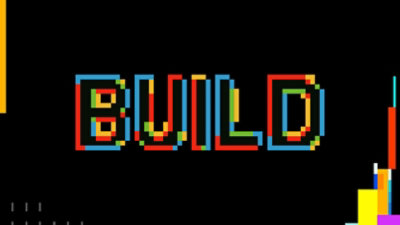 Pixel‑style word ‘BUILD’ in multicolored block letters on a black background.