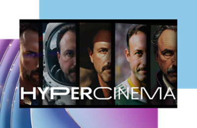 A collage featuring close-up images of men's faces and the word HYPERCINEMA.