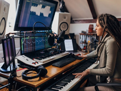 A person sitting at a desk with a computer and a microphone.