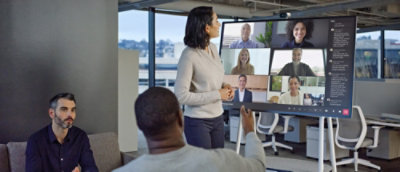 A group of people having a video conference.