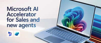 A laptop with an image of a flower on the screen and text displaying Microsoft AI Accelerator for Sales and new agents.