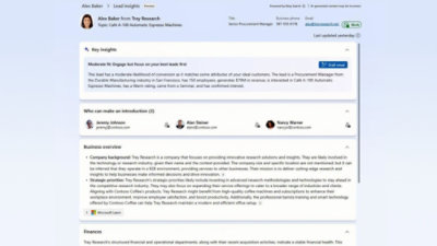 Dynamics 365 lead insights view showing key insights, recommended actions, stakeholders, and business overview details.