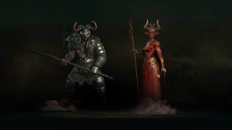 Two characters from Diablo IV posing with armor and spears.