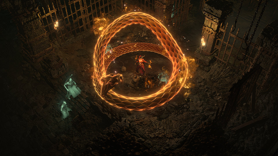 Postava ve hře Diablo IV vyvolávající velkého hada proti démonům