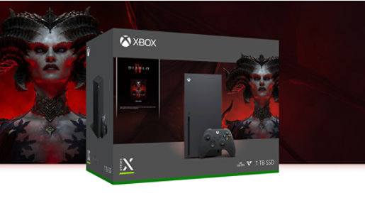 Xbox Series X – Diablo® IV-Bundle: Vorderansicht von links vor einem Hintergrund mit einer Großaufnahme von Lilith.