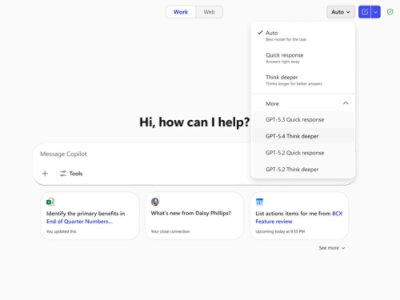  Copilot prompt screen showing popup for GPT selections