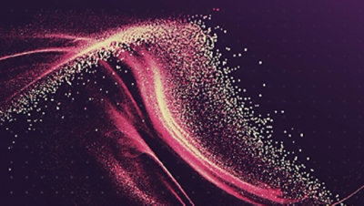 A pink and white swirl on a purple background with white dots.