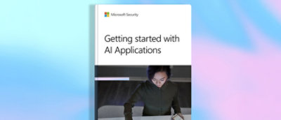 Korica knjige sa naslovom „Microsoft bezbednost: Početak rada sa AI aplikacijama“ i ilustracijom žene koja koristi laptop.