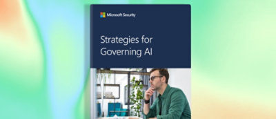 Microsoft bezbednosni vodič „Strategije za upravljanje veštačkom inteligencijom“ prikazan na korici knjige, sa osobom u zatvorenom prostoru.
