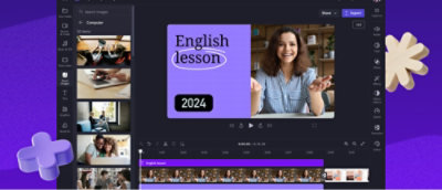 Cuplikan layar antarmuka perangkat lunak pengeditan video yang menunjukkan proyek berjudul "Pelajaran bahasa Inggris 2024" dengan seorang wanita yang sedang tersenyum.