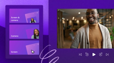 Antarmuka pengeditan video ditampilkan dengan satu layar pratinjau besar di sebelah kanan dan tiga klip lebih kecil di sebelah kiri.