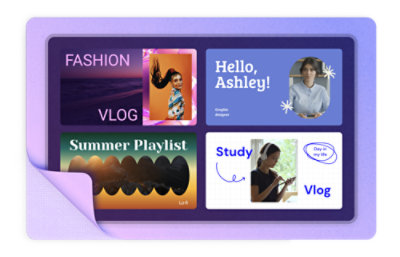 Kolase empat gambar mini berjudul "VLOG FESYEN," "Halo, Ashley!," "Daftar Putar Musim Panas," dan "Vlog Studi.