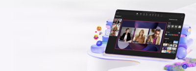 Digital workspace with a tablet displaying a virtual meeting screen for a q3 town hall event, surrounded by interface icons.