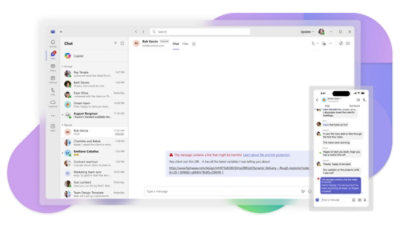 Screen showing a Teams Chat with a warning dialogue messge "This message contains a link that might be harmful."