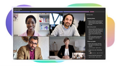 Screen showing a Teams Rooms call with Meeting notes in the side bar
