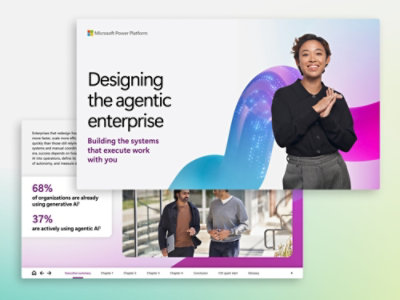 A screenshot of a website featuring text about designing systems, with a woman in a black shirt, a man in a suit and tie, and a woman applauding.