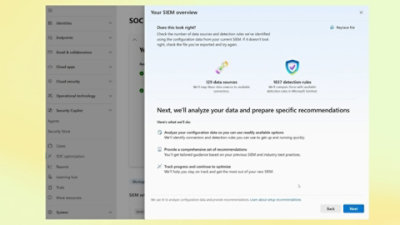 SIEM overview dialog showing 129 data sources, 1,837 detection rules, and next steps for analysis and recommendations