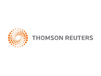 A close-up of a Thomson Reuters logo with black text and a red circle with dots on a white background.