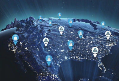 The Earth is shown from space with city lights glowing, indicating populated areas.