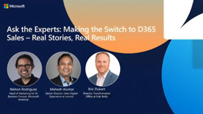 Microsoft banner with experts’ photos and text about switching to D365 Sales and real customer stories.