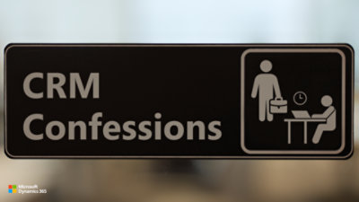CRM Confessions banner with briefcase icon showing a standing figure and a seated figure at a desk with a clock icon