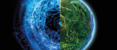 A close-up of a blue and green planet.