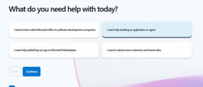 Marketplace offer setup page showing form fields for offer details and navigation options.