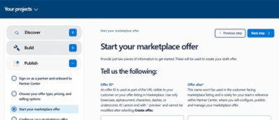 Interface showing a marketplace setup page with a steps sidebar and details for creating an offer.