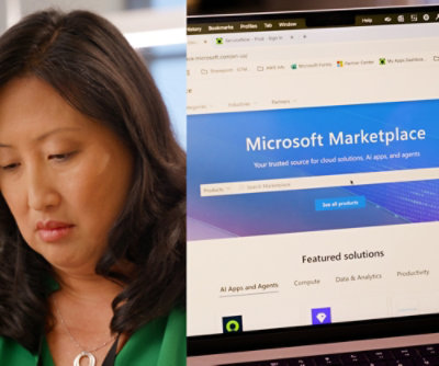 Split view showing a person reviewing information and a laptop screen displaying the Microsoft Marketplace website.