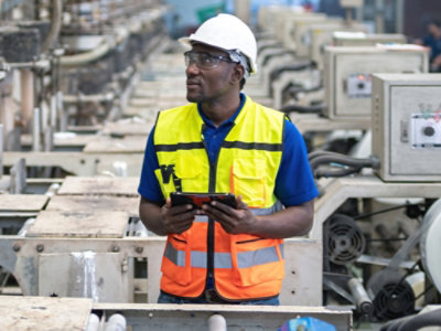 A man in a safety vest and hard hat holding a tablet.