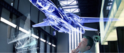 A man looking at a airplane modal