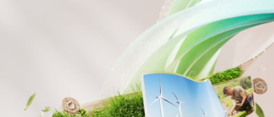 Graphic of renewable energy and sustainability concepts, featuring wind turbines, a person gardening