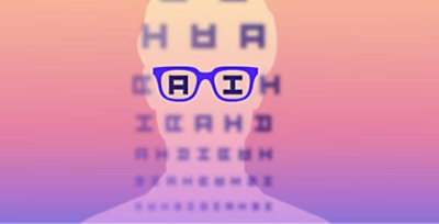 Silhouette with glasses labeled "AI" stands before a blurred vision chart against a gradient background.