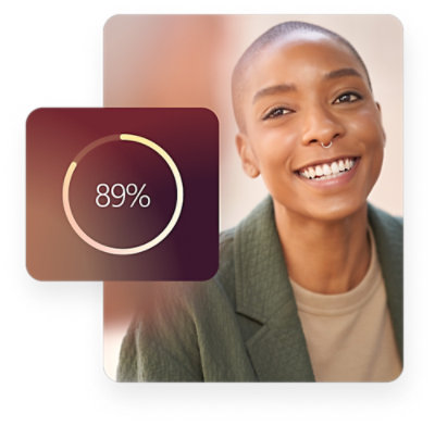 A person with a shaved head and a nose ring smiles at the camera. A graphic on the left shows a progress circle at 89%.