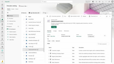 Power BI OneLake catalog with Sales data items list