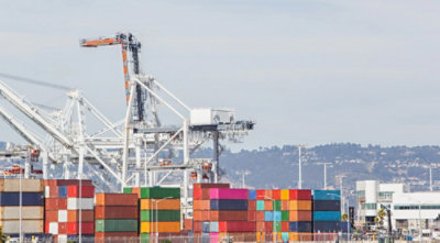 A group of containers in a port.