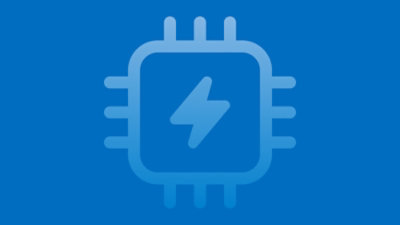 Blue microchip icon with a lightning bolt symbol in the center.