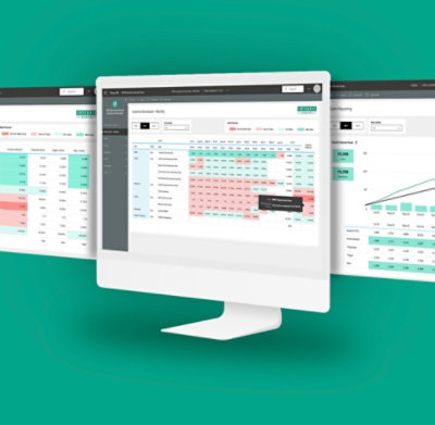 Un moniteur de bureau blanc affiche des tableaux et des graphiques complexes sur un fond vert.