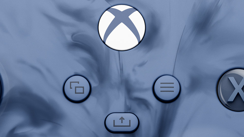 Xbox ワイヤレス コントローラー – ストームクラウド べーパー スペシャル エディションの Xbox ボタン、ビュー ボタン、メニュー ボタン、シェア ボタンのクローズアップ。