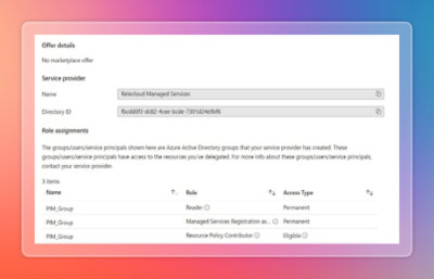 Azure portal page displaying service provider details and role assignments for managed services.