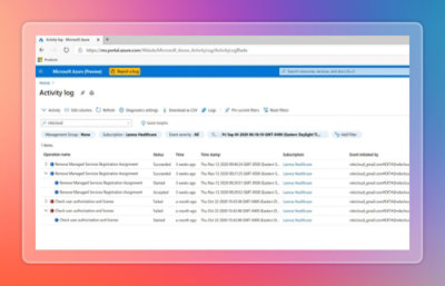 Screenshot of the Microsoft Azure Activity Log showing recent operations, status, timestamps, and subscriptions.