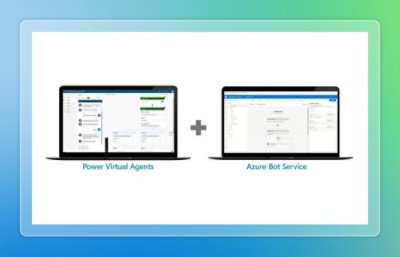 Diagram showing Power Virtual Agents integrated with Azure Bot Service on two laptops.