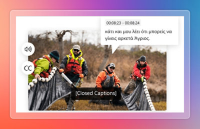 Outdoor workers pulling a net with captions