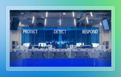 Security operations center with analysts at workstations